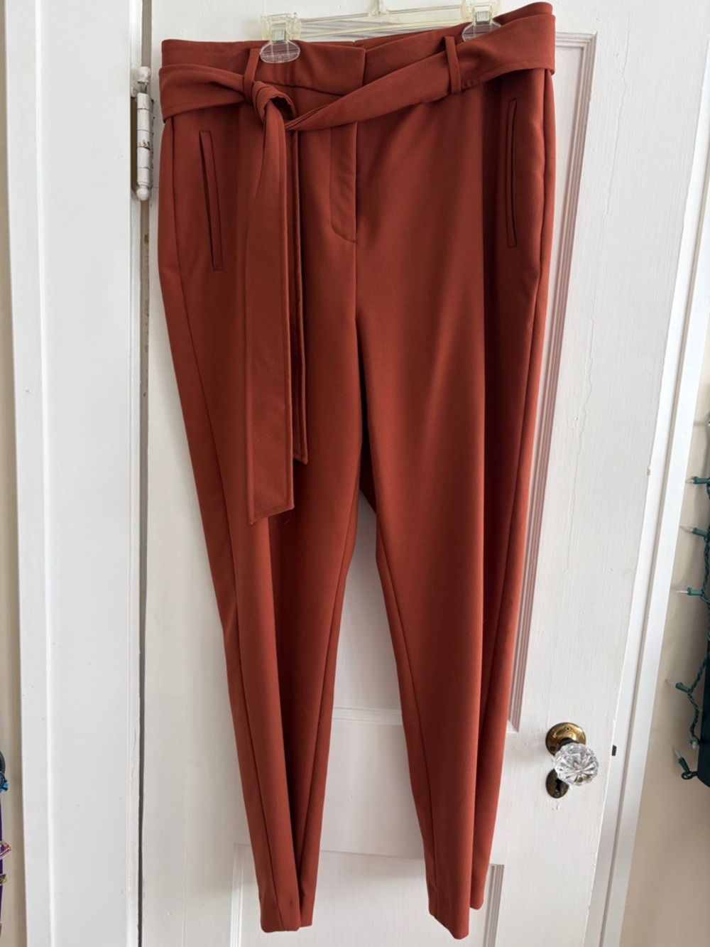 Tie-Waist High-Rise Tapered Pants — Rust